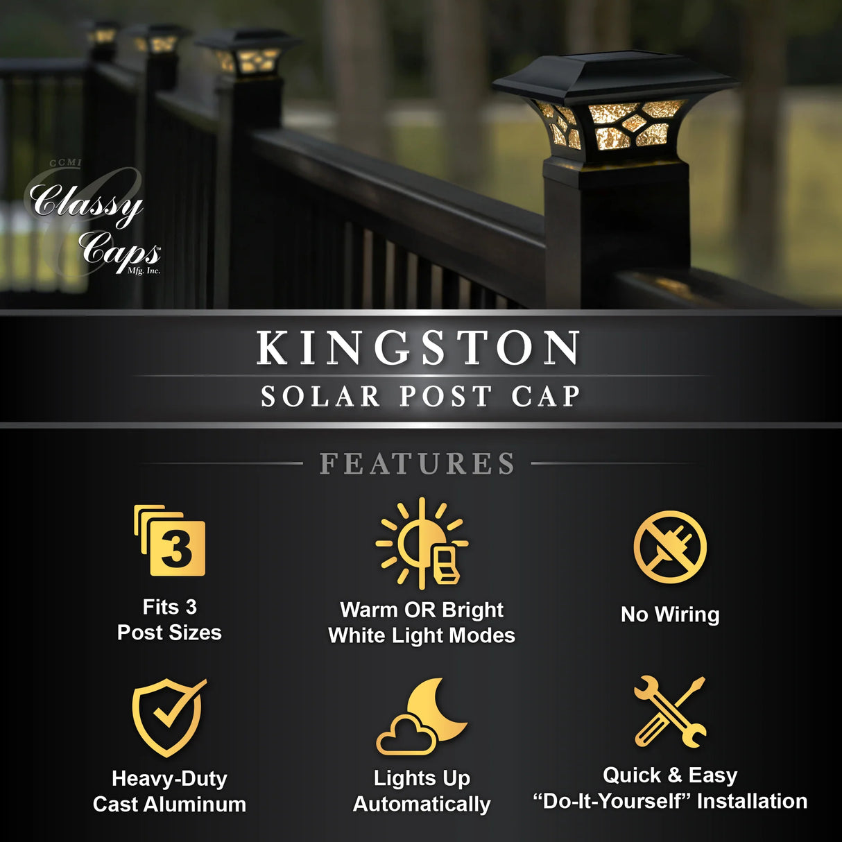 Classy Caps™ Kingston Dual Lighted Solar Post Cap - Black